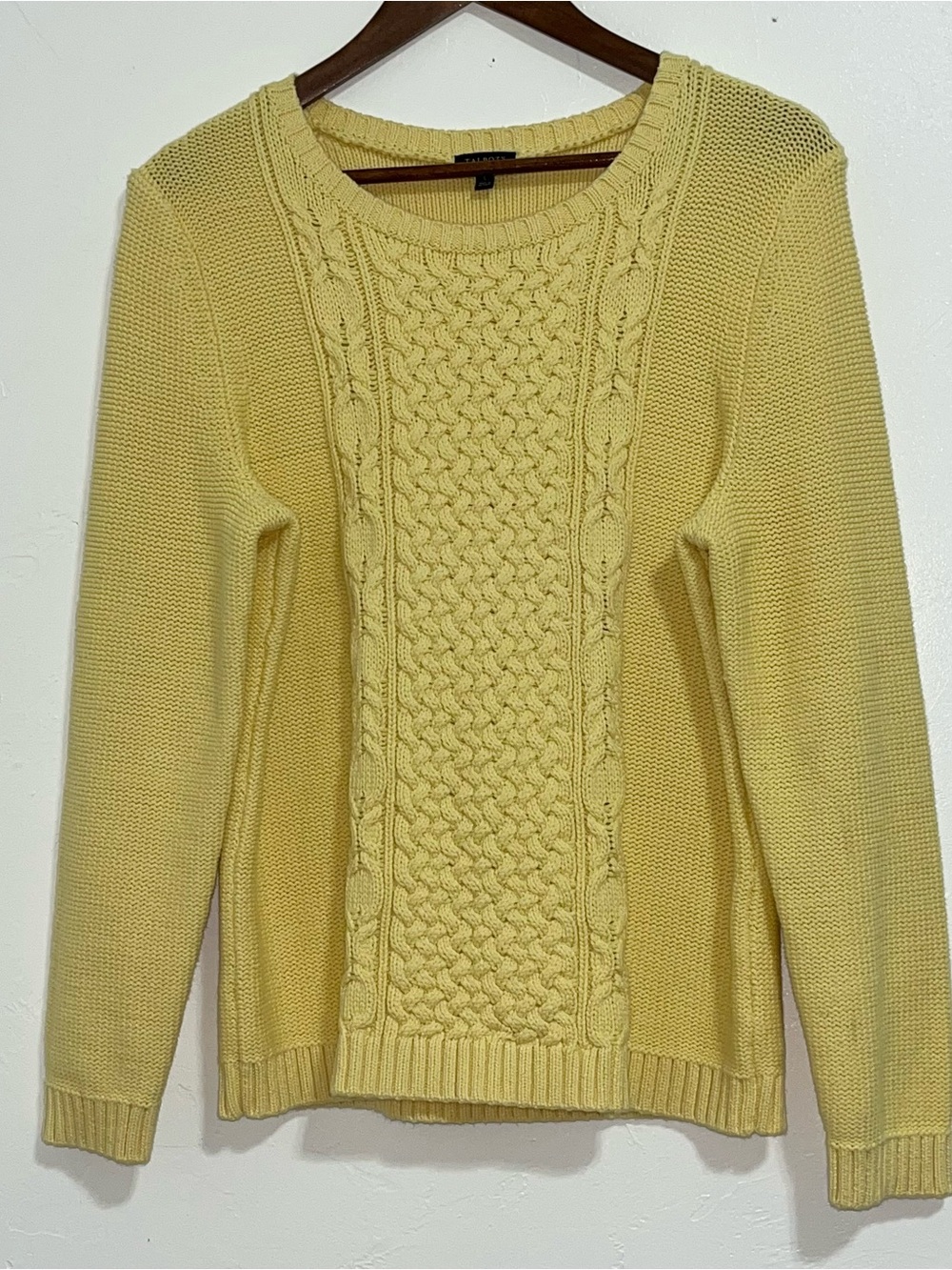 Talbots Yellow Mixed Cable Knit Crewneck Sweater Cotton Blend Size L